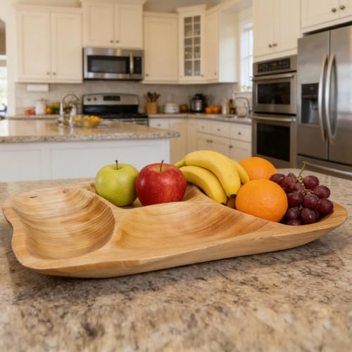 BTEOBFY Natural Wood 4-Compartment Divided Fruit Tray, Live Edge Handmade Serving Platter for Snacks, Sandwiches, Appetizers, Unique Hand-Carved Rustic Design - size: 15.8 INCH