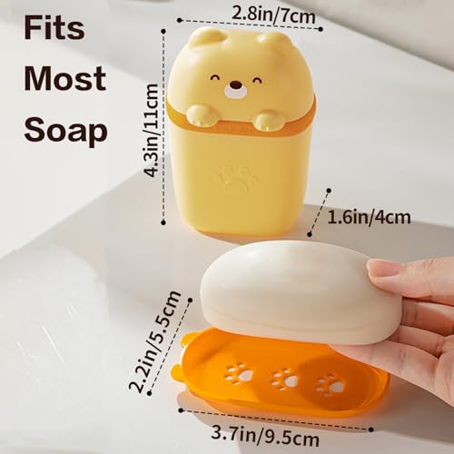3Pcs Cute Travel Soap Case, Portable Leakproof Soap Container Box Dish with Lid, Draining Soap Holder with Covers for Bathroom Gym Traveling Camping Outdoor (Bear Shape)