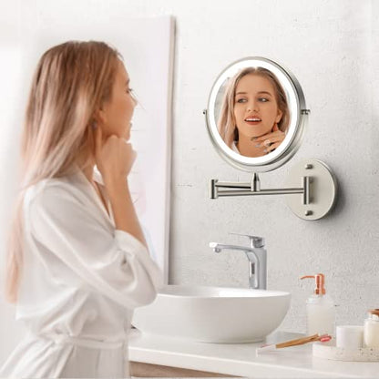 Rocollos Rechargeable Wall Mounted Lighted Makeup Mirror, 8 Inch Double-Sided LED Vanity Mirror 1X/10X Magnification,3 Color Lights Touch Screen Dimmable 360°Swivel 13 Inch Extendable - color: 8 Inch Nickel