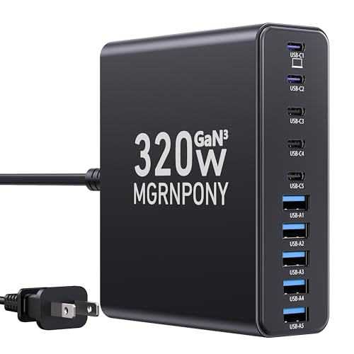 320W USB C Charger Block, 10-Port USB C Charging Station GaN III PD 65W Laptop Fast Charger Adapter for MacBook Pro/Air, DELL, iPad, iPhone, Samsung Galaxy Black - color: Black