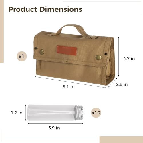 Camping Spice Bag with 10 Jars, Portable Travel Spice Kit with Foldable Seasoning Pouch, Includes 10 Empty Glass Spice Containers, Canvas Storage Bag for Outdoor Cooking, BBQ, RV Trip
