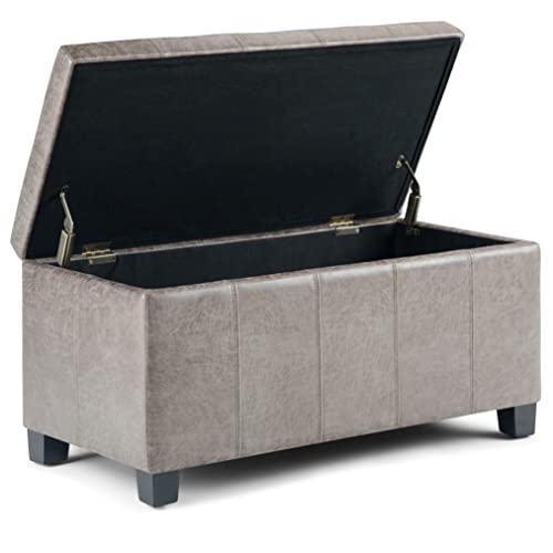 SIMPLIHOME Dover Storage Ottoman Bench - 36 inch Wide Upholstered Vegan Leather Rectangular Lift-Top Ottoman in Distressed Grey Taupe, Contemporary Bench for Living Room with Safety Hinges - color: Distressed Grey Taupe