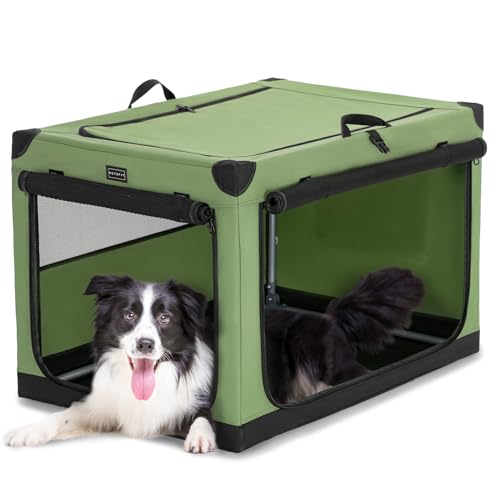 PETSFIT 36" Soft Portable Dog Crate – Patented Spiral Sturdy Frame, Collapsible Travel Kennel for Medium & Large Dogs, 3 Mesh Door, Lockable Zippers, Indoor & Car Use Green - color: Green, size: 36.0"L x 24.0"W x 23.0"H