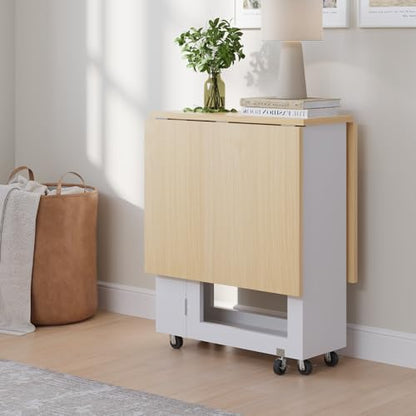 LotFun Folding Dining Table, Space-Saving Dining Table with 6 Rolling Wheels and 2-Tier Storage Shelf, Kitchen Table for Small Spaces - color: White