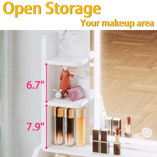 LIKIMIO Small Makeup Vanity Desk with Mirror and Lights, Vanity Table Set with Storage Drawer, Chair and Three Shelves, Bedroom, White - color: White