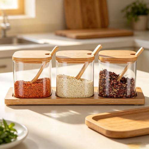 Bamboo Spice Jar Set with Wooden Lids and Spoons, Glass Condiment Containers with Serving Tray, Kitchen Storage Organizer for Seasonings, 3-Piece (Light Brown, 6P Middle) - size: 6P Middle
