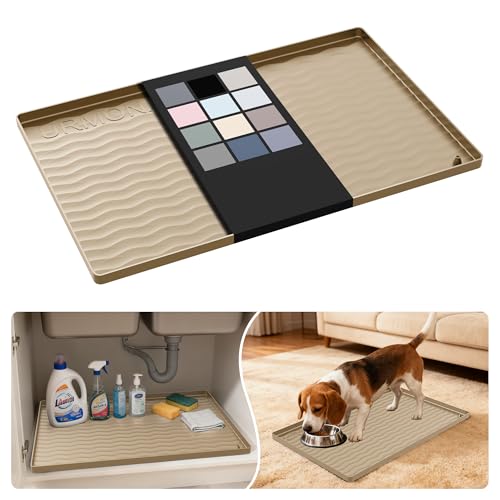 URMONA Waterproof Silicone Under Sink Mat 22'' x 14'' Shelf Liner for Kitchen and Bathroom, Cabinet and Counter Protector, Storage and Organizers, Litter Mat, Pet Cat Puppy Essentials(Khaki) - color: Khaki, size: 14"W x 22"L