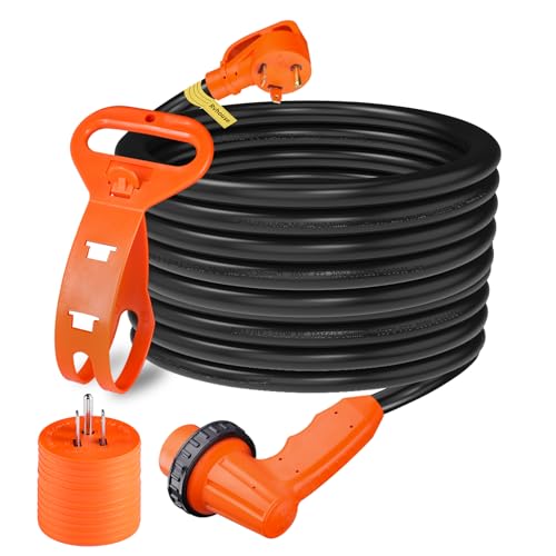 50 ft 30A RV Extension Cord, TT-30P to L5-30R, 10/3 STW | ETL Listed Outdoor Cord with Locking Connector, Grip Handle, Organizer and 5-15P to TT-30R Adapter for RV Power - size: 50 ft