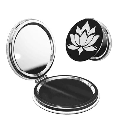 Lotus Flower Print Foldable Travel Pocket Mirror Round PU Leather Portable Mini Makeup Double Sided Handheld Magnifying,2.6 in - color: Lotus Flower