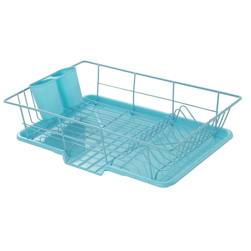 Space-Saving 3-Piece Dish Drainer Rack Set: Efficient Kitchen Organizer for Quick Drying and Storage - Includes Cutlery Holder and Drainboard - Maximize Countertop Space, Turquoise Blue - color: Turquoise Blue
