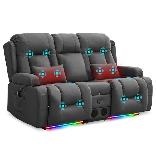 URRED Power Loveseat Recliner Sofa with Massage and Heat, Wall Hugger Reclining Loveseat with Console, RV Couch Home Theater Seating with LED Lights for Living Room (Gray, 67" - 2 Seats) - color: Grey, size: 67" - 2 Seats