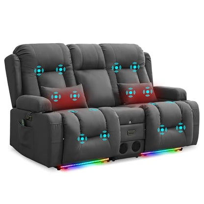 URRED Power Loveseat Recliner Sofa with Massage and Heat, Wall Hugger Reclining Loveseat with Console, RV Couch Home Theater Seating with LED Lights for Living Room (Gray, 67" - 2 Seats) - color: Grey, size: 67" - 2 Seats