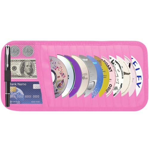 Car CD & DVD Holder - Large Capacity CD Visor Case, Vehicle Visor Storage Organizer with 12 Disc Sleeves, 1 Mesh Pocket 1 Pen Holder and & Elastic Band (Pink) - color: Pink