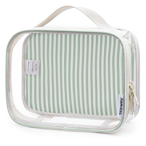 Narwey TSA Approved Clear Toiletry Bag for Travel, Waterproof PVC Clear Makeup Bags, Portable Compact Cosmetic Bag Make Up Organizer, Airport Airline Quart Size Compliant Bag (Mint Green Stripe) - color: Y-Mint Green Stripe