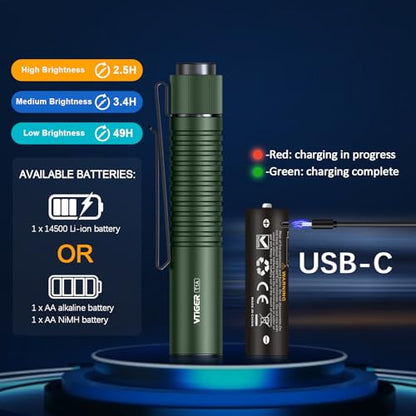 VTIGER T1A Mini Pocket EDC Flashlight with Clip,1300 Lumen Compact AA Rechargeable LED Little Flashlights, Super Bright Tail Switch Small Flash Light with Magnet for Camping,Hiking,Outdoor,Emergency - color: OD Green
