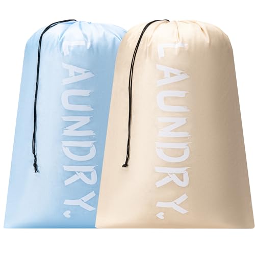 2 Pack XL Travel Laundry Bag, Machine Washable Dirty Clothes Organizer with Drawstring,Large Enough to Hold 4 Loads of Laundry, Easy Fit a Laundry Hamper or Basket Travel Essentials 24" x 36" - color: Beige+Light blue, size: 24"x36" |2 Pack