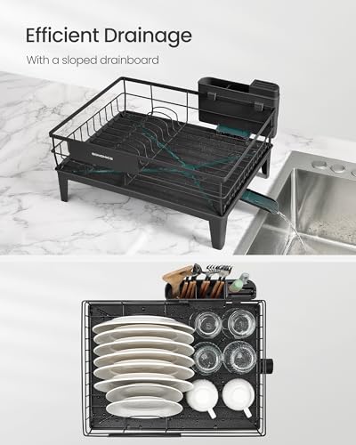 SONGMICS Dish Drying Rack, Kitchen Dish Rack with Drainboard, 360° Rotatable and Extendable Spout, with Cutlery Holder, 12.2 x 16.5 x 7.3 Inches, Ink Black UKCS550B01 - color: Ink Black, style: with Drainboard