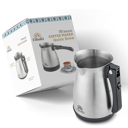 ETHNIQ Turkish Coffee Pot - Stainless Steel, 120V, 1 to 4 Cup Capacity, Fast Brewing, Delicious Cup of Turkish, Arabic & Greek Coffee Maker with Foldable Handle for Home & Travel & on-off Button - color: Fast Brew