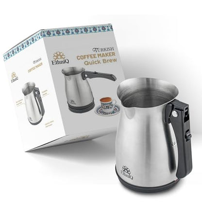 ETHNIQ Turkish Coffee Pot - Stainless Steel, 120V, 1 to 4 Cup Capacity, Fast Brewing, Delicious Cup of Turkish, Arabic & Greek Coffee Maker with Foldable Handle for Home & Travel & on-off Button - color: Fast Brew