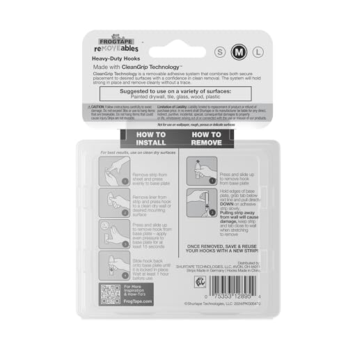 FrogTape reMOVEables Heavy Duty Wall Hooks - No Damage - Easy to Remove & Reuse - Medium Wall Hook with Adhesive Strips - Holds up to 3 lbs - Includes 8 Hooks and 12 Strips - White (Pack of 16) - size: Pack of 16, style: Medium