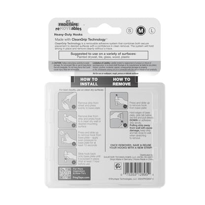 FrogTape reMOVEables Heavy Duty Wall Hooks - 8 Hooks and 12 Strips - Holds up to 3 lbs - No Damage - Easy to Remove & Reuse - Medium Wall Hook with Adhesive Strips - White (Pack of 8) - size: Pack of 8, style: Medium
