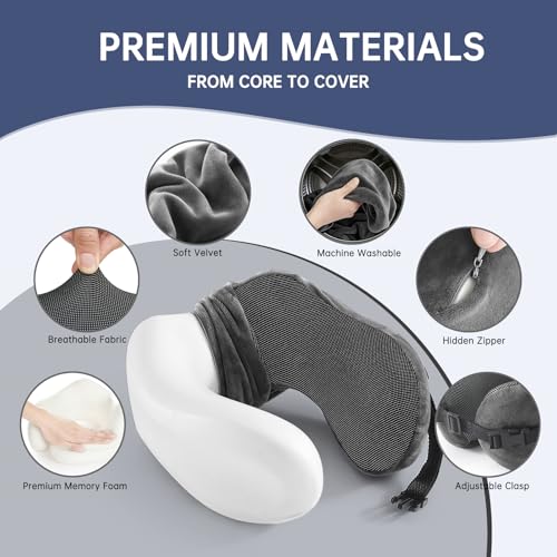 Neck Pillow Travel Pillow - 100% Pure Memory Foam Airplane Pillow with Adjustable Clasp & Removable Cover, Portable Travel Essentials for Long Flights, Car & Office (Dark Gray, with Eye Mask) - color: Dark Gray, With Eye Mask