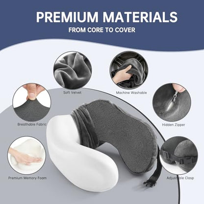 Neck Pillow Travel Pillow - 100% Pure Memory Foam Airplane Pillow with Adjustable Clasp & Removable Cover, Portable Travel Essentials for Long Flights, Car & Office (Dark Gray, with Eye Mask) - color: Dark Gray, With Eye Mask