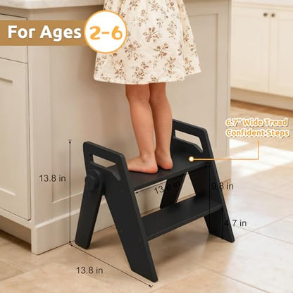 Wooden 2 Step Stool for Toddler Kids Bathroom Foldable 2-Step for Toilet Potty Training, Child Stepping Stool for Kitchen Nursery Bedroom - color: Black