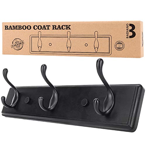 Badiano Wooden Coat Rack, Wall-Mounted Organizer for Closet, Entryway, Hallway, Foyer, Bedroom, Heavy Duty Double Hooks for Hanging Towels, Bags, Hats, Jackets, Key (Black, 3 Hooks) - color: Black, size: 3 Hooks