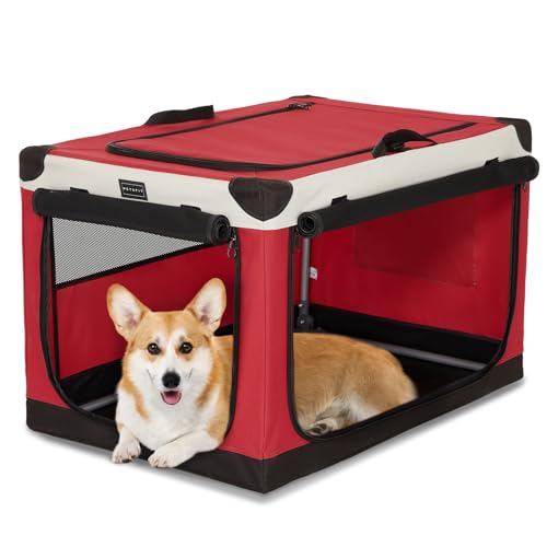 PETSFIT 30" Soft Portable Dog Crate – Patented Spiral Sturdy Frame, Collapsible Travel Kennel for Medium Dogs, 3 Mesh Door, Lockable Zippers, Indoor & Car Use Red - color: Red, size: 30.0"L x 20.0"W x 19.0"H