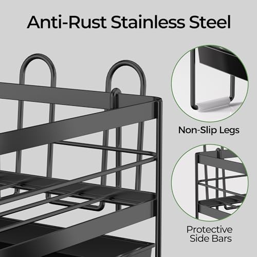 Large Dish Drying Rack, Expandable Dish Rack, Stainless Steel Dish Racks for Kitchen Counter, Multifunctional Dish Drainer with Utensil & Cup Holder, 13.4"-28.7" L x 11.8" W, Black - color: Black, size: 1 Tier