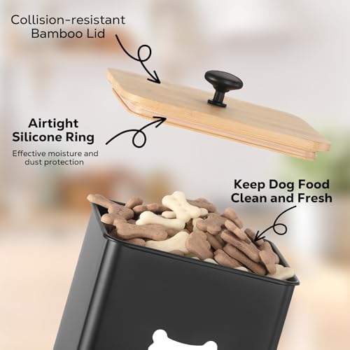 Dog Treat Containers Set of 2, Dog Food Storage Containers with Airtight Lids, Metal dog treat jars for Kitchen Countertop, Pet Food Canister Keep Snack Fresh, 5.9"×5.9"×7.1", Black - size: 5.9*7.1&4.9*6.1