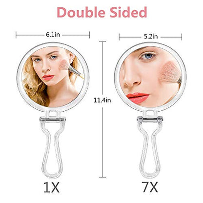 Cheftick Double Sided Hand Held Mirror - 1X & 7X Magnifying Handheld Makeup Mirror with Adjustable Folding Handle, Portable, Transparent & Round (6")