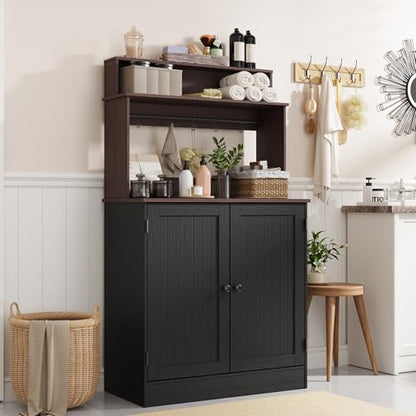 MHOM Farmhouse Coffee Bar Cabinet with Storage, Rustic Buffet Cabinet with 5 Hooks, Small Coffee Station Cabinet for Kitchen & Dining Room, Antique Black - color: Black