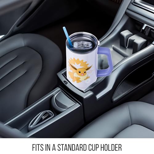 Silver Buffalo Pokémon Eevee Stainless Steel Tumbler with Handle, 40oz | Double-walled insulation, fits standard cup holder, secure lid with straw, travel friendly - color: Eevee Pokemon