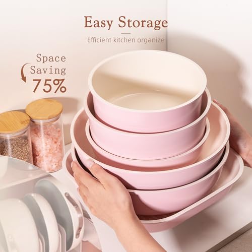 Astercook 23 Pcs Pots and Pans Set Non Stick, Ceramic Cookware Set Detachable Handle, RV Kitchen Cooking Set Removable Handles, Oven Safe, Induction Ready, Stackable, Pink, Mothers Day Gifts - color: Pink, size: 23 Piece