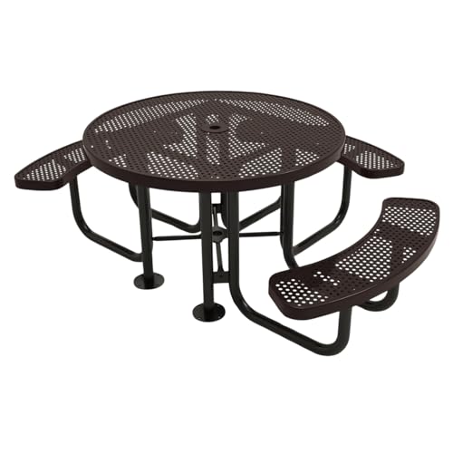 COATEDOUTDOORFURNITURE Heavy-Duty Portable Outdoor Picnic Table with Umbrella Hole, Punched Steel Patio Dining Furniture Made in America (46" Round Top, Brown) - color: Brown, size: 46 In, Round 3-Seat, Punched Steel