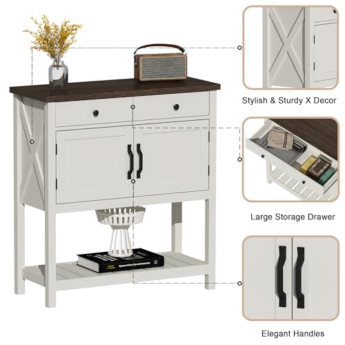 ChooChoo Farmhouse Console Table, Entryway Table with Storage Shelf, Coffee Bar Cabinet, Narrow Buffet Sideboard for Kitchen, Hallway, Living Room, White - color: White