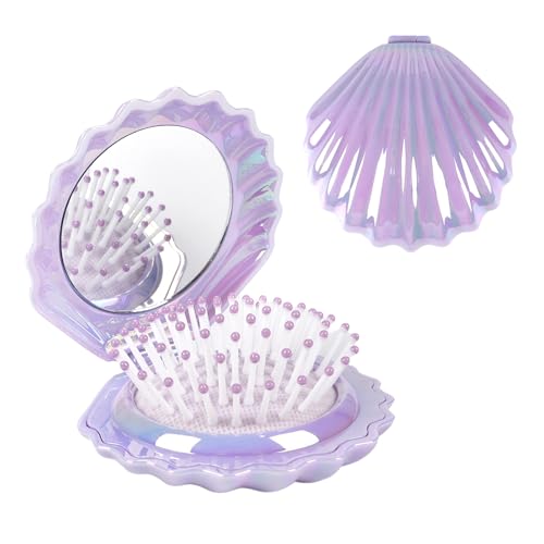 Metallic Shinning Finish Foldable Travel Hair Brushes with Mirror Shell Shape Portable Folding Pocket Hair Brush Mini Hair Comb Compact Size Hair Massage Comb (Purple) - color: Purple