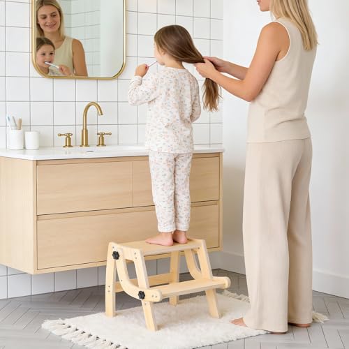 Toddler Step Stool, Foldable Step Stool for Kids, Convert to Chair, Toddler Stool for Bathroom Sink & Potty Training, Wooden Step Stools w Non Slip Base for Kitchen, Bedroom - color: Natural Wood