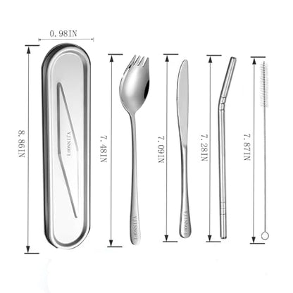 Travel Utensils Set with Steel Case, 6-Piece 18/8 Stainless Steel Spork and Reusable Straw Kit, Silent Locking Design, Portable Silverware for Camping, Office & Eco-Friendly Travel