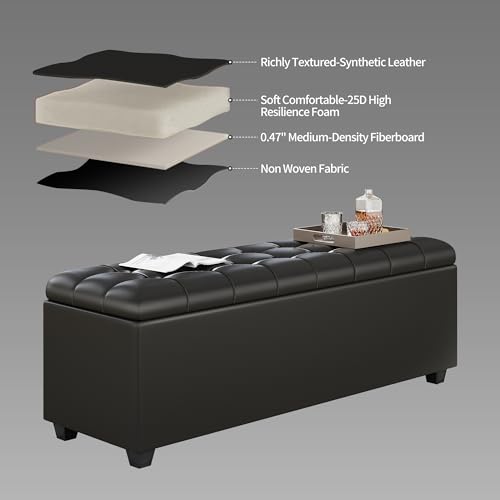 38-inch Black Faux Leather Storage Ottoman Bench with Seat & Footrest Function - End of Bed Bench for Bedroom, Living Room & Entryway - color: Black1
