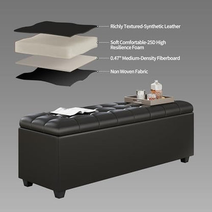 38-inch Black Faux Leather Storage Ottoman Bench with Seat & Footrest Function - End of Bed Bench for Bedroom, Living Room & Entryway - color: Black1