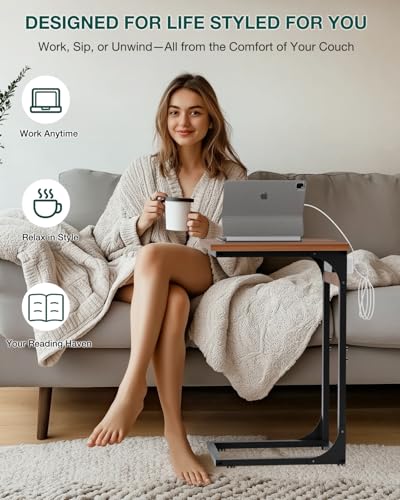 C-Shaped Side Table for Couch - Small Coffee Stand Sofa Tray Desk with Metal Frame Waterproof Scratch Resistant Wood Top and Built-in Charging Station, Rustic Walnut - color: Rustic Walnut, size: 1-Pack, style: Includes Power Outlets