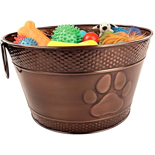 BREKX Metal Indestructible Dog Toy Bin - Storage Bin with Handles, Farmhouse Organizer Storage Basket for Pet Toys, Blankets, Leashes - Home Decor (Lead-Free Copper)