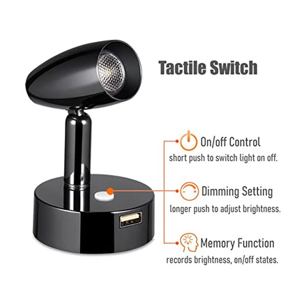 RV Reading Light 12V Swivel LED Spotlight with Quick USB Charger & Blue Nightlight, Camper Van Travel Trailer Bedroom Reading Light, 3-1/2" Length,12-24VDC Hard-Wired (Gloss Black) - color: Gloss Black with Nightlight