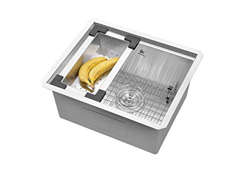 STARSTAR Workstation Ledge Undermount Single Bowl 304 Stainless Steel Kitchen Sink, With Grid, Colander, Cutting Board (23 x 19) - size: 23 x 19