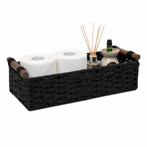 Black Woven Bathroom Basket with Wood Handles — Toilet Paper Storage Organizer for Back of Toilet, Paper Rope Wicker Basket, Boho Bathroom Decor Tray for Countertop or Tank Top - color: Classic Black