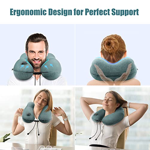 Compact Travel Neck Pillow for Airplanes, Super Soft Velvet Neck Support, Adjustable Firmness, Inflatable Plane Pillow for Long Flights, Road Trips, Travel Essentials with Eye Mask, Earplug - color: Dark Green