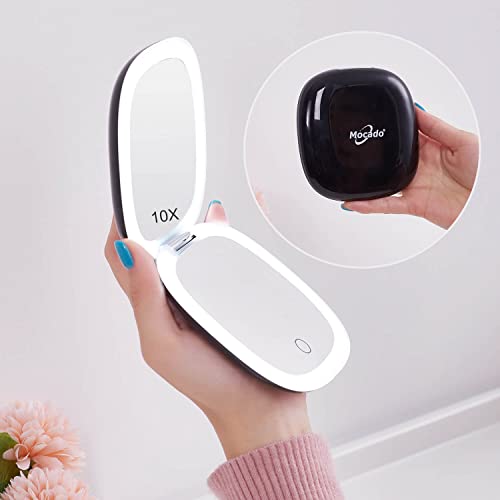 Mocado Compact LED Magnifying Travel Makeup-Mirror - 4 inches 1X/10X Magnification Small Hand Pocket Dimmable Double Sided USB Rechargeable Touch Screen, Portable Tabletop Cosmetic (Black) - color: Black